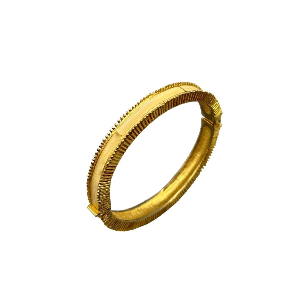 Vintage Polcini Hinged Bangle Bracelet Gold Tone & Cream Enamel Minimalist Style